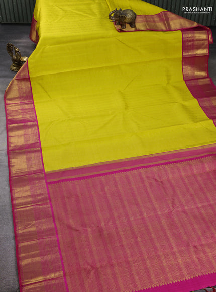 Pure kanchipuram silk saree lime yellow and pink with allover zari weaves and zari woven korvai border