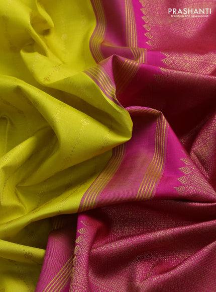 Pure kanchipuram silk saree lime yellow and pink with allover zari weaves and zari woven korvai border