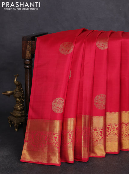 Pure kanchipuram silk saree tomato pink with ruddaksha buttas and zari woven border