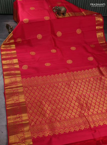 Pure kanchipuram silk saree tomato pink with ruddaksha buttas and zari woven border