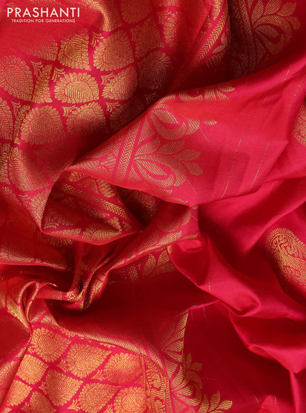 Pure kanchipuram silk saree tomato pink with ruddaksha buttas and zari woven border