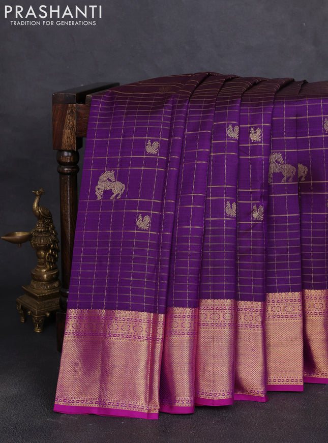 Pure kanchipuram silk saree deep purple and pink with allover zari checked pattern and zari woven border