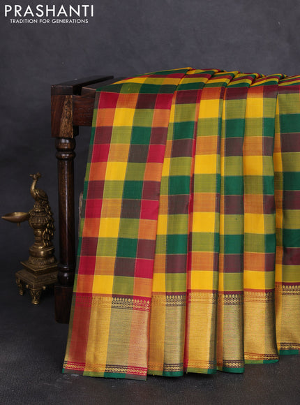Pure kanchipuram silk saree multi colour and maroon with allover palum pazahamum zari checked pattern and zari woven border