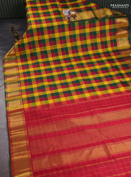 Pure kanchipuram silk saree multi colour and maroon with allover palum pazahamum zari checked pattern and zari woven border