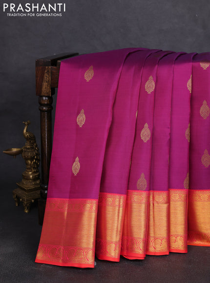 Pure kanchipuram silk saree magenta pink and orange with allover zari woven buttas and annam zari woven border