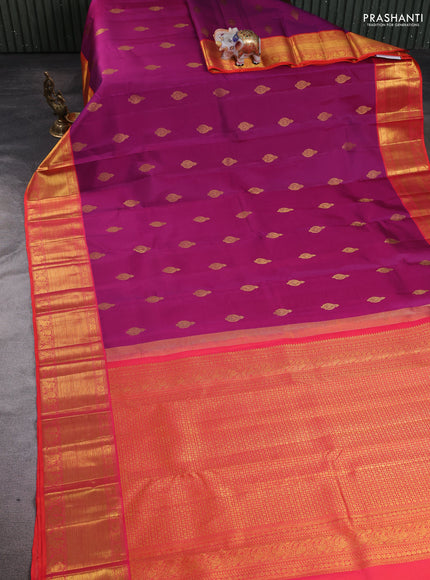 Pure kanchipuram silk saree magenta pink and orange with allover zari woven buttas and annam zari woven border
