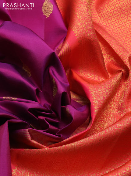 Pure kanchipuram silk saree magenta pink and orange with allover zari woven buttas and annam zari woven border