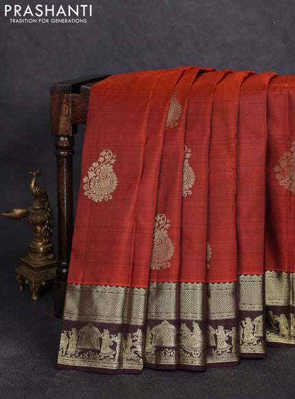 Pure kanchipuram silk saree rust shade and coffee brown with paisley zari woven buttas and zari woven border