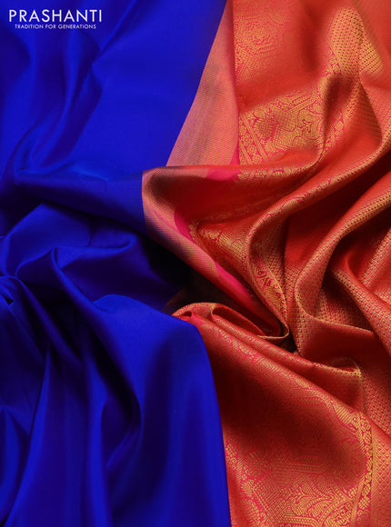 Pure kanchipuram silk saree royal blue and orange with plain body with allover rich zari woven border