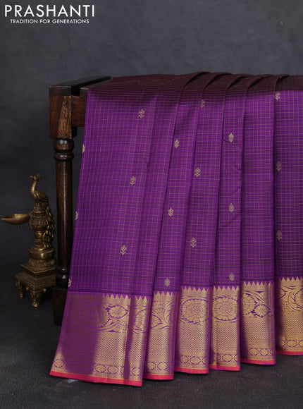 Pure kanchipuram silk saree violet and orange with allover small zari checks & buttas and zari woven border