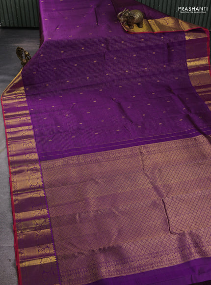 Pure kanchipuram silk saree violet and orange with allover small zari checks & buttas and zari woven border