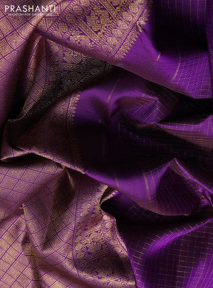 Pure kanchipuram silk saree violet and orange with allover small zari checks & buttas and zari woven border