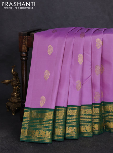 Pure kanchipuram silk saree lavender and green with paisley zari woven border and zari woven border