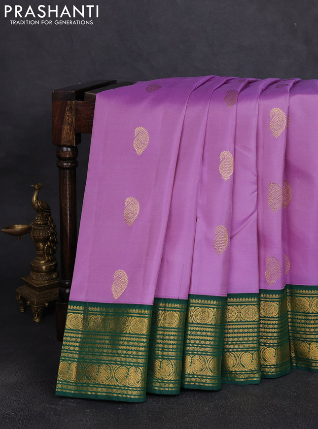 Pure kanchipuram silk saree lavender and green with paisley zari woven border and zari woven border