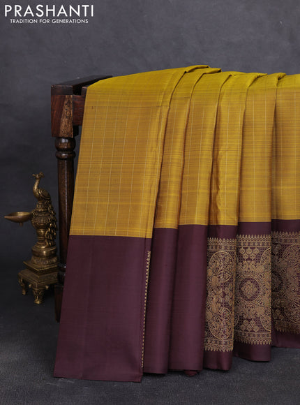 Pure kanchipuram silk saree mustard green and coffee brown with allover zari stripe pattern and zari woven butta border