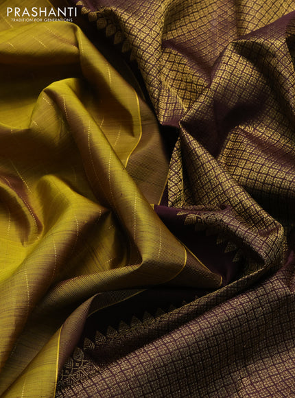 Pure kanchipuram silk saree mustard green and coffee brown with allover zari stripe pattern and zari woven butta border