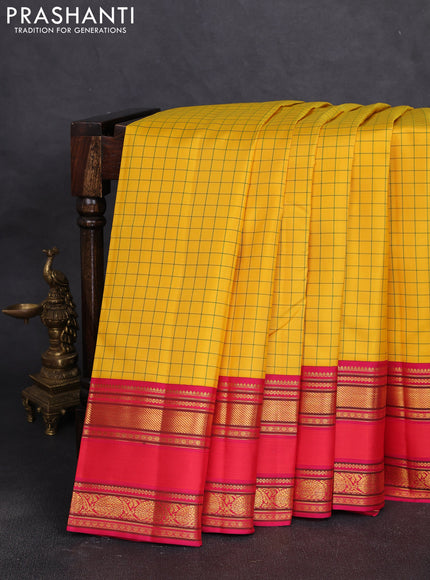 Pure kanchipuram silk saree yellow and tomato pink with allover checked pattern and rettapet zari woven border
