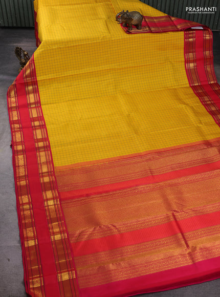 Pure kanchipuram silk saree yellow and tomato pink with allover checked pattern and rettapet zari woven border