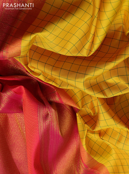 Pure kanchipuram silk saree yellow and tomato pink with allover checked pattern and rettapet zari woven border