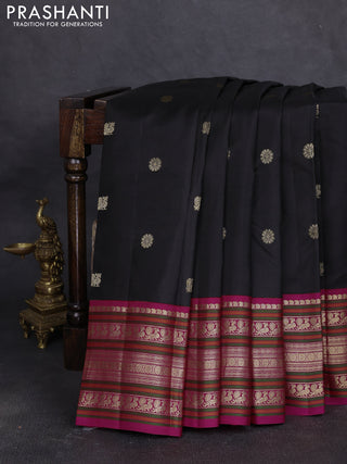 Pure kanchipuram silk saree black and dark pink with zari woven buttas and long zari woven korvai border