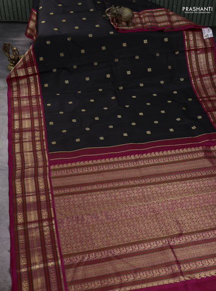 Pure kanchipuram silk saree black and dark pink with zari woven buttas and long zari woven korvai border