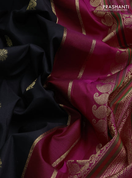 Pure kanchipuram silk saree black and dark pink with zari woven buttas and long zari woven korvai border