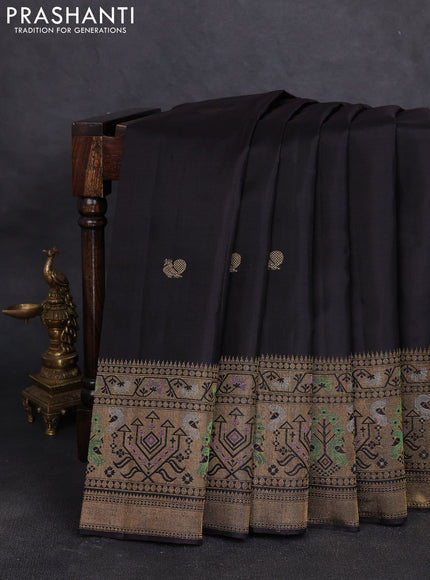 Pure kanchipuram silk saree black and peach shade with zari woven buttas and rich zari woven border