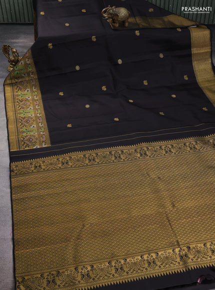 Pure kanchipuram silk saree black and peach shade with zari woven buttas and rich zari woven border