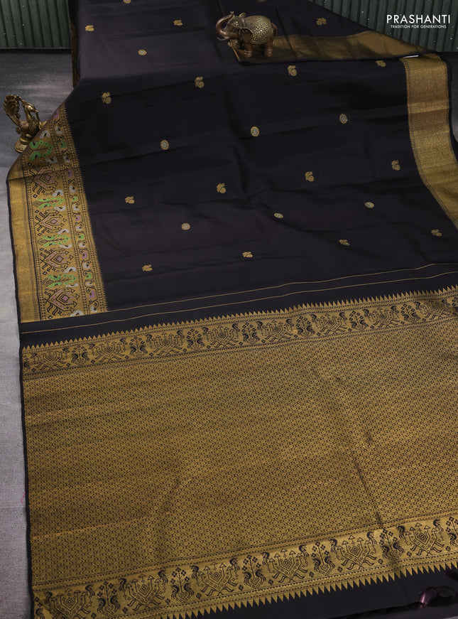 Pure kanchipuram silk saree black and peach shade with zari woven buttas and rich zari woven border
