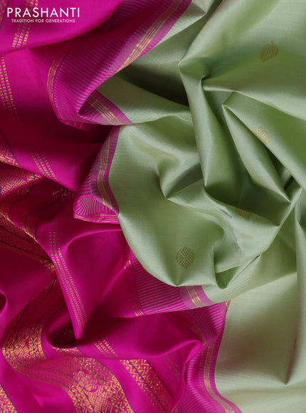 Pure kanchipuram silk saree pista green and pink with zari woven buttas and temple design rettapet zari woven border