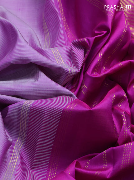 Pure kanchipuram silk saree pastel purple and dual shade of green with plain body and zari woven butta border