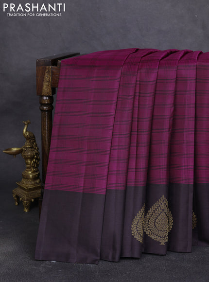 Pure kanchipuram silk saree magenta pink and deep jamun with allover thread weaves and zari woven butta border