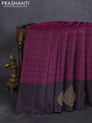 Pure kanchipuram silk saree magenta pink and deep jamun with allover thread weaves and zari woven butta border