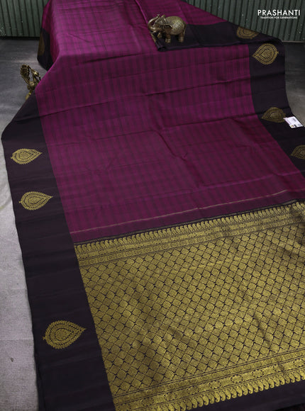 Pure kanchipuram silk saree magenta pink and deep jamun with allover thread weaves and zari woven butta border