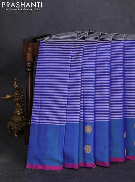 Pure kanchipuram silk saree violet and dual shade of bluish green with allover weaves and zari woven butta border