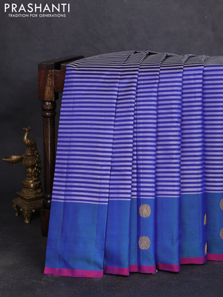 Pure kanchipuram silk saree violet and dual shade of bluish green with allover weaves and zari woven butta border