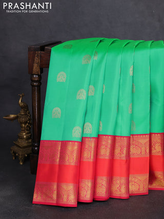 Pure kanchipuram silk saree teal green and red with allover zari woven buttas and rettapet zari woven border