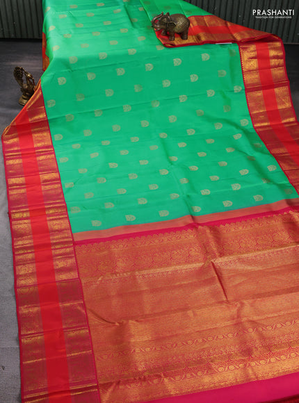 Pure kanchipuram silk saree teal green and red with allover zari woven buttas and rettapet zari woven border