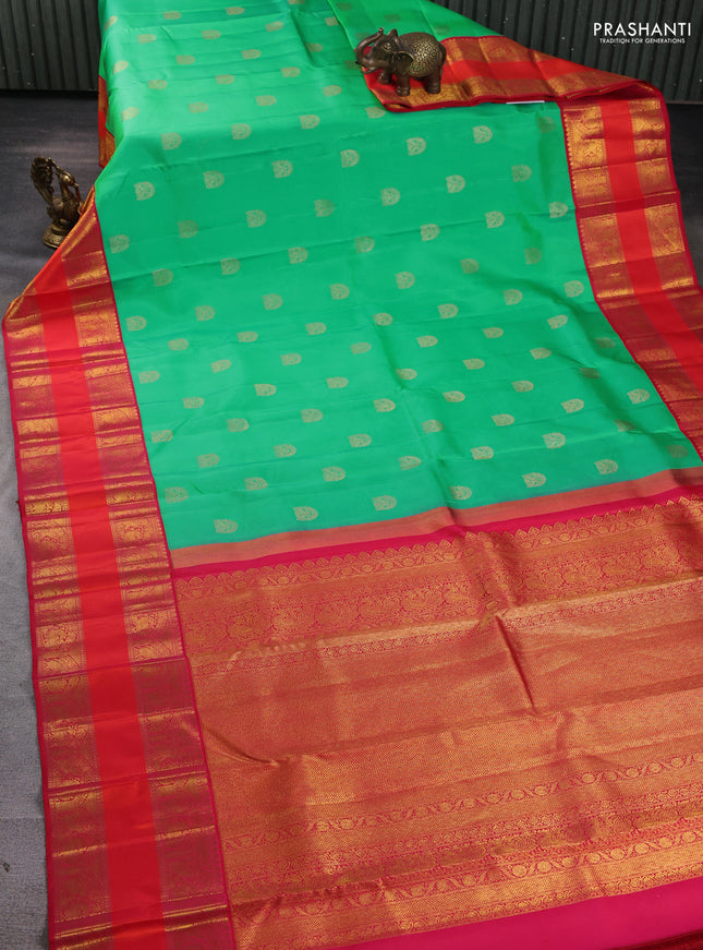 Pure kanchipuram silk saree teal green and red with allover zari woven buttas and rettapet zari woven border