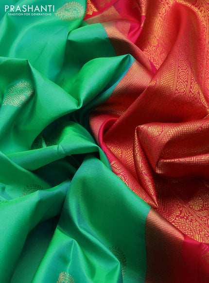 Pure kanchipuram silk saree teal green and red with allover zari woven buttas and rettapet zari woven border