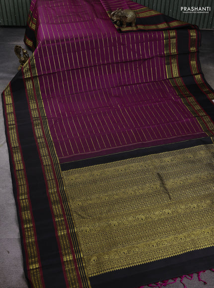 Pure kanchipuram silk saree dark magenta and black with allover zari weaves and long zari woven border