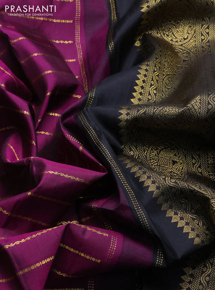 Pure kanchipuram silk saree dark magenta and black with allover zari weaves and long zari woven border