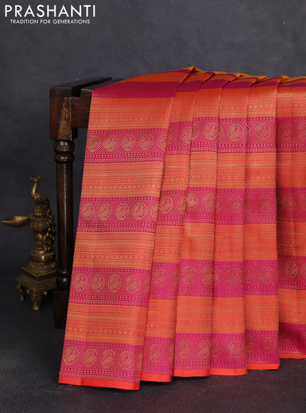 Pure kanchipuram silk saree mustard yellow and pink with half & half style and long zari woven border