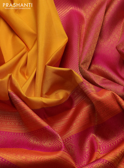 Pure kanchipuram silk saree mustard yellow and pink with half & half style and long zari woven border