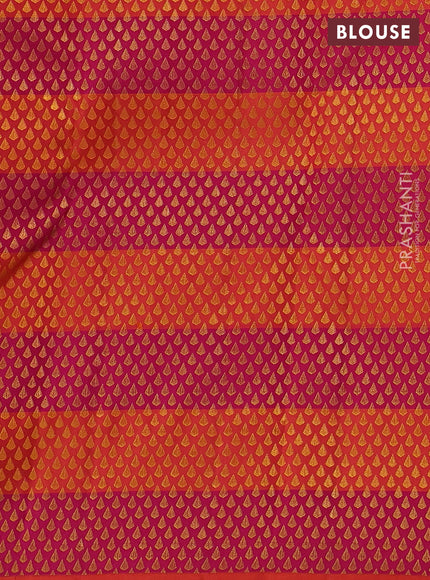Pure kanchipuram silk saree mustard yellow and pink with half & half style and long zari woven border