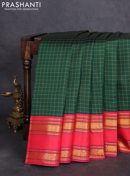 Pure kanchipuram silk saree bottle green and dark pink with allover checked pattern and long zari woven border