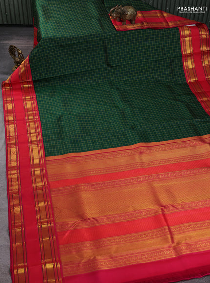 Pure kanchipuram silk saree bottle green and dark pink with allover checked pattern and long zari woven border