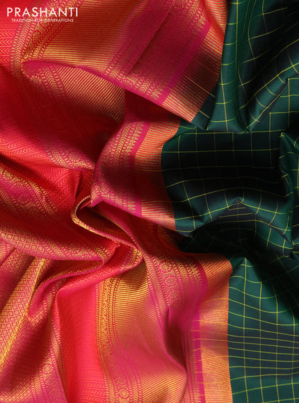 Pure kanchipuram silk saree bottle green and dark pink with allover checked pattern and long zari woven border