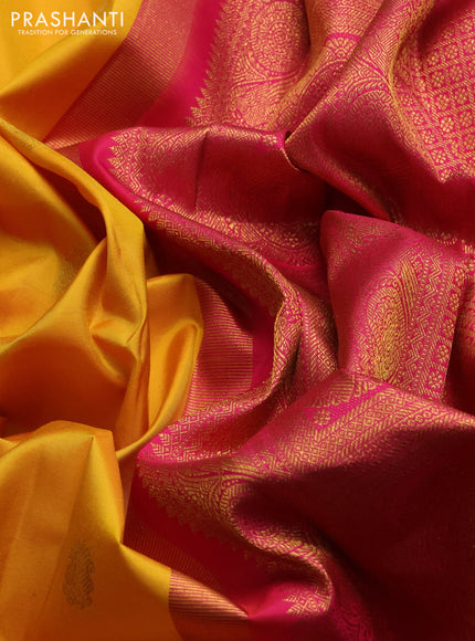 Pure kanchipuram silk saree yellow and dark pink with allover zari woven buttas and long rich zari woven border