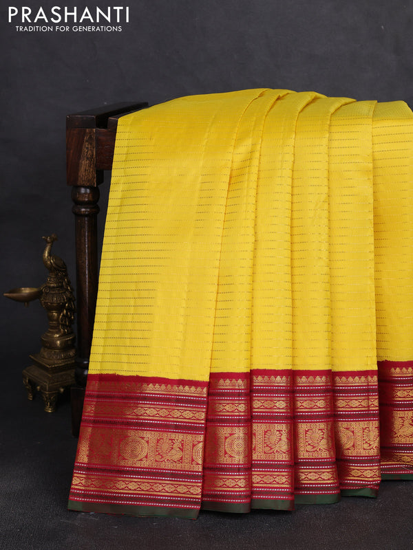 Pure kanchipuram silk saree yellow and maroon with allover zari weaves and zari woven border
